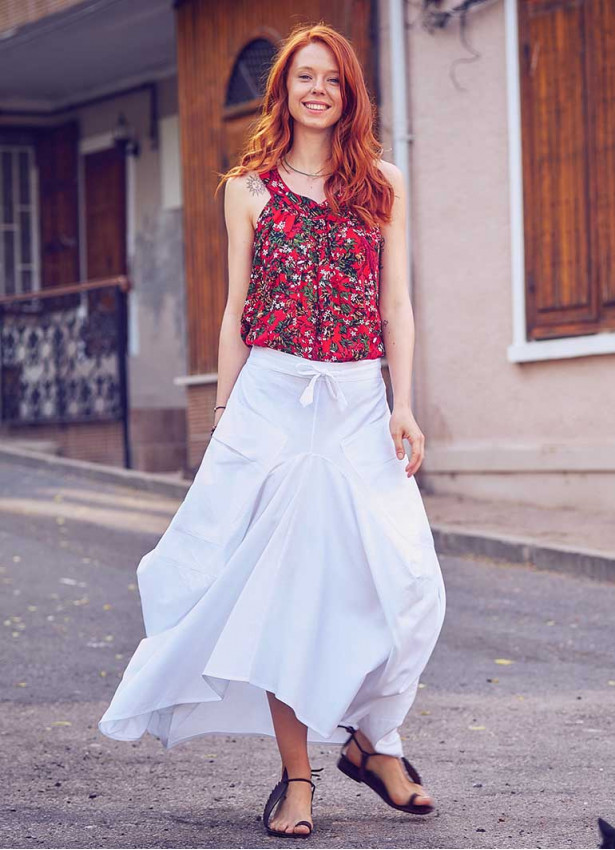 Oversized Pocket Detailed Tie Waist Boho Chic White Long Skirt