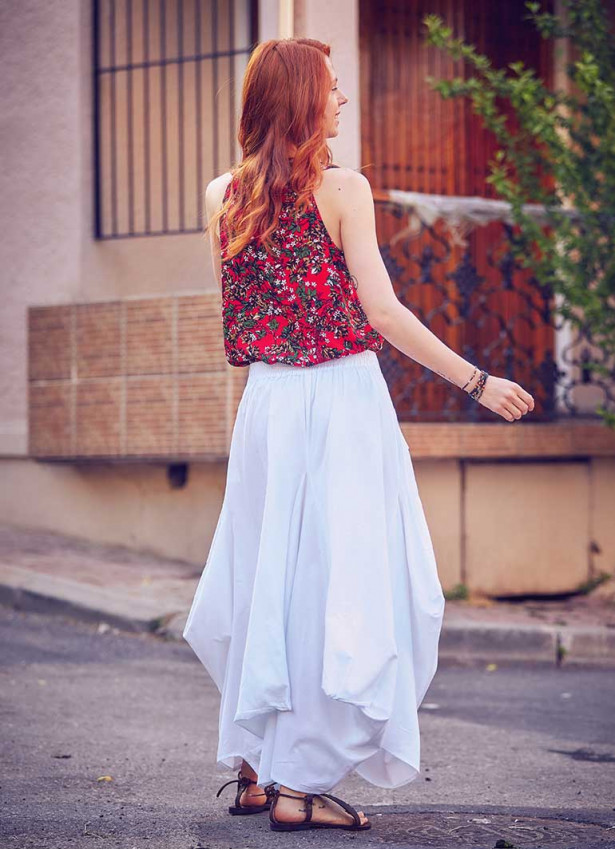 Oversized Pocket Detailed Tie Waist Boho Chic White Long Skirt