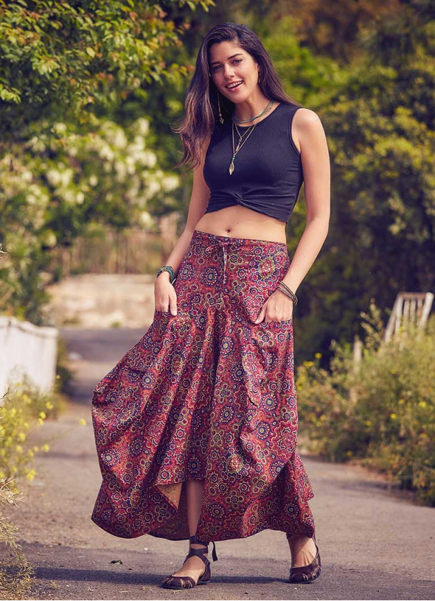 Retro Print Oversized Pocket Long Boho Skirt