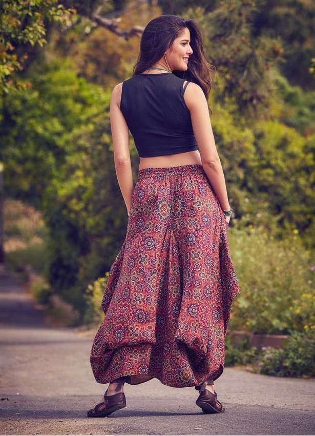 Retro Print Oversized Pocket Long Boho Skirt