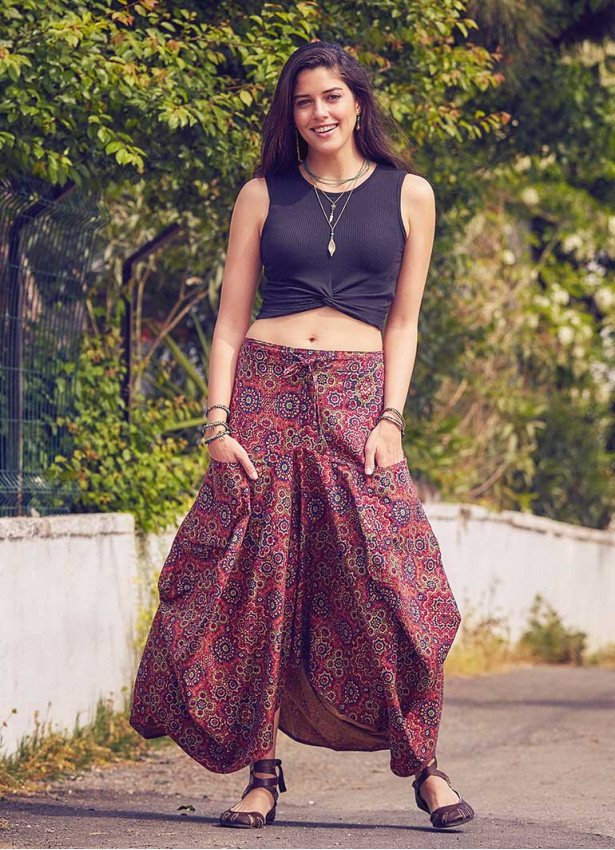 Retro Print Oversized Pocket Long Boho Skirt