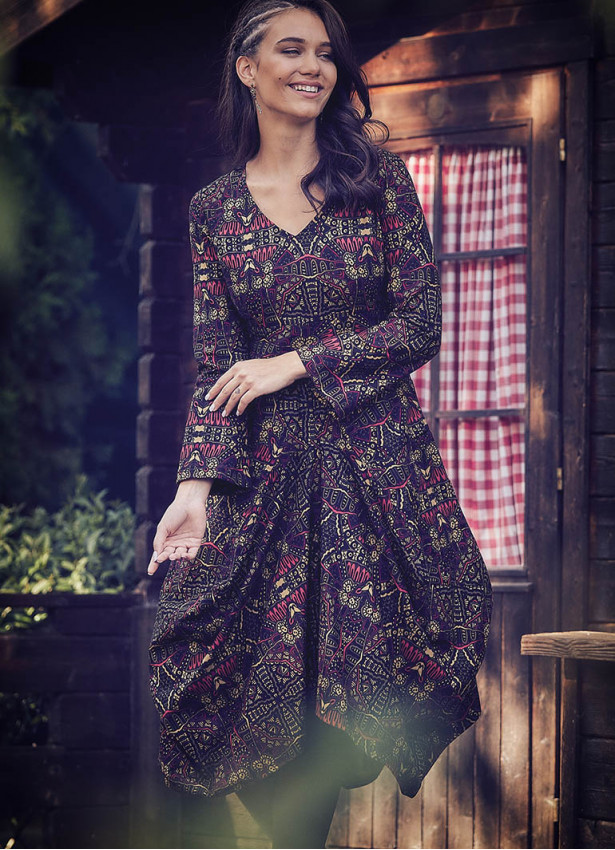 Ethnic Print Asymmetrical Hem Long Sleeve Dress