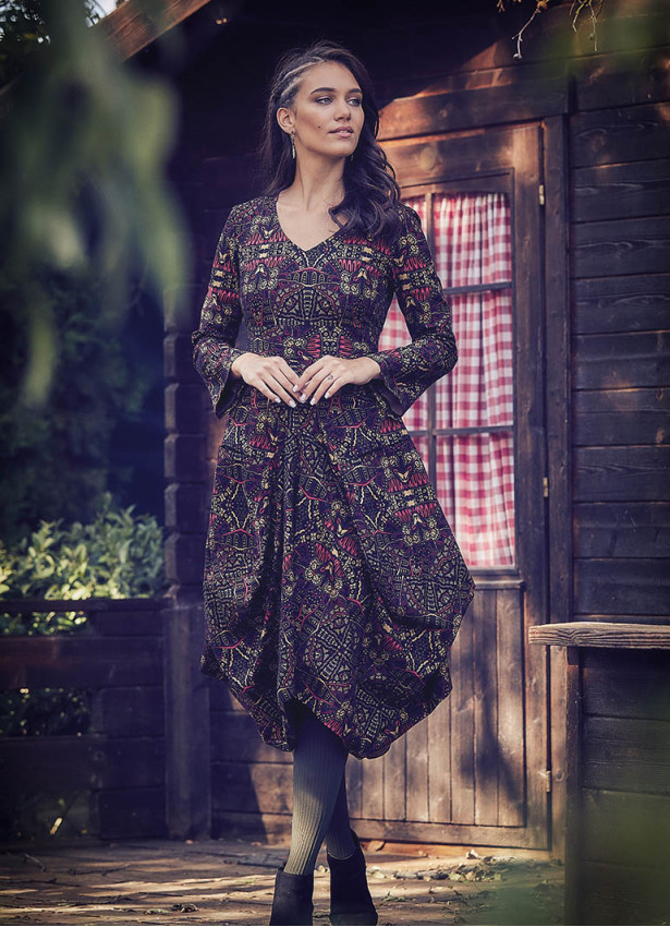 Ethnic Print Asymmetrical Hem Long Sleeve Dress