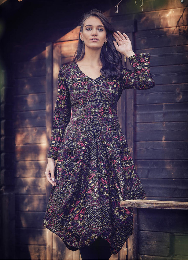 Ethnic Print Asymmetrical Hem Long Sleeve Dress