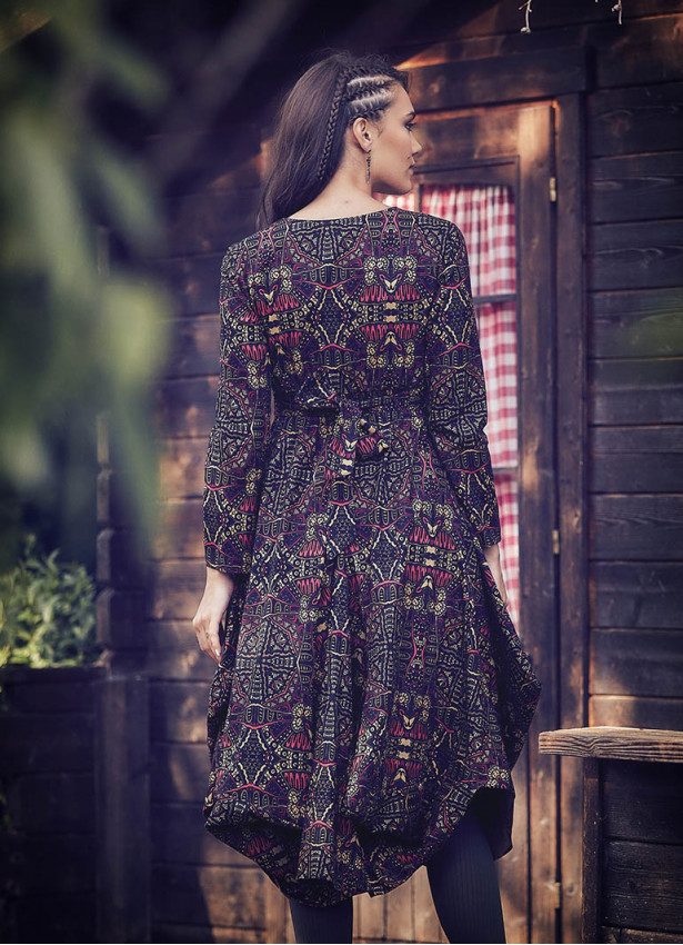 Ethnic Print Asymmetrical Hem Long Sleeve Dress