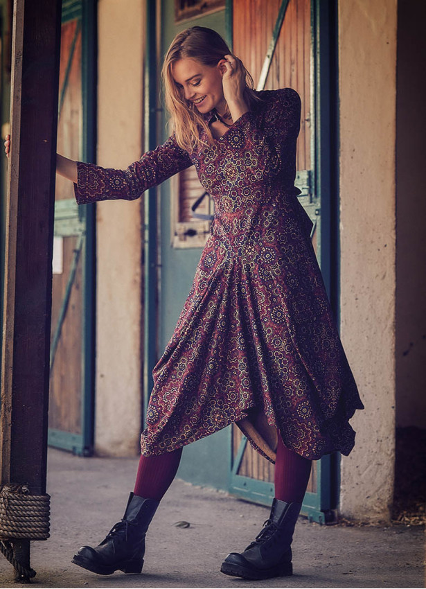 Retro Printed Asymmetrical Hem Long Sleeve Dress