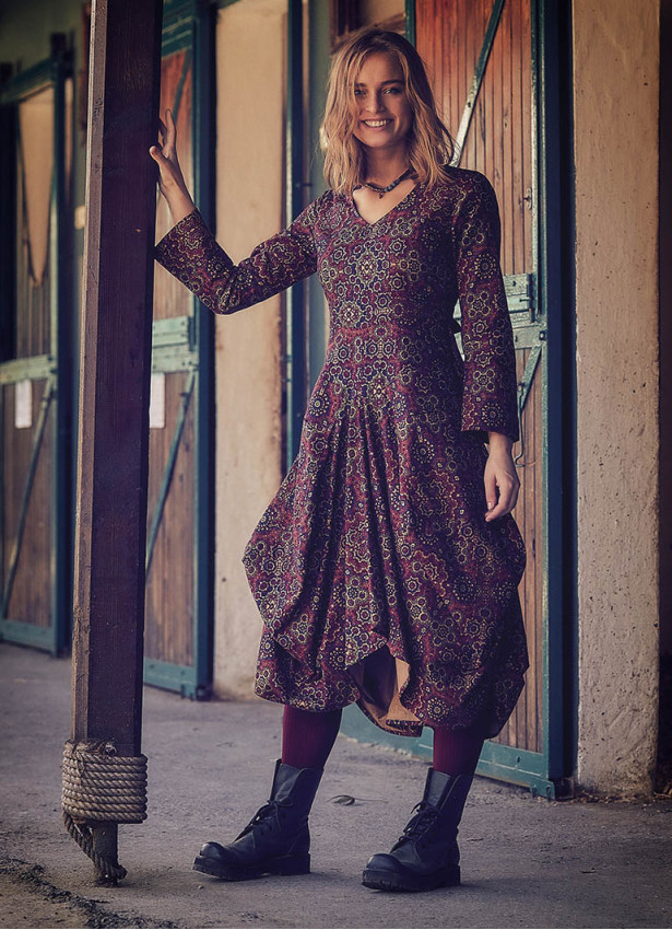 Retro Printed Asymmetrical Hem Long Sleeve Dress