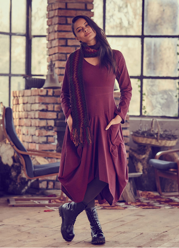 Asymmetrical Hem Long Sleeve Burgundy Dress