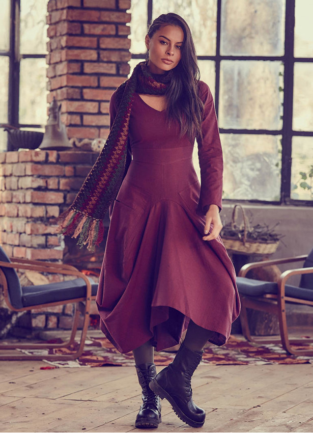 Asymmetrical Hem Long Sleeve Burgundy Dress