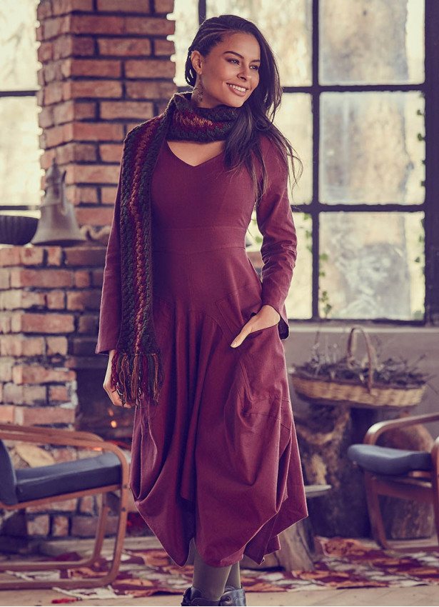 Asymmetrical Hem Long Sleeve Burgundy Dress