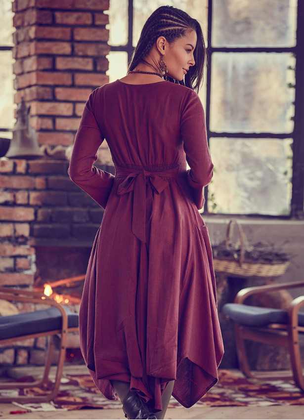 Asymmetrical Hem Long Sleeve Burgundy Dress