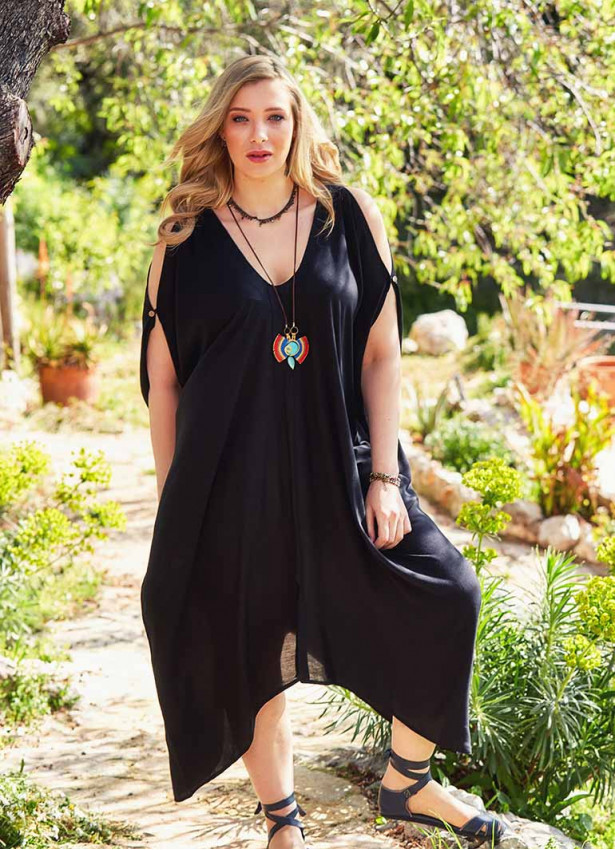 Deep V Neck Bohemian Style Plus Size Black Cold Shoulder Dress