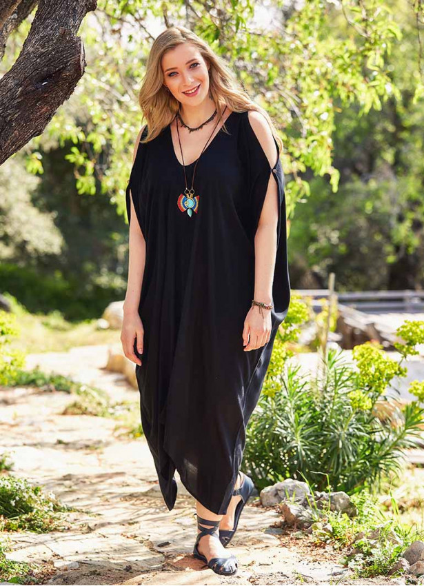 Deep V Neck Bohemian Style Plus Size Black Cold Shoulder Dress
