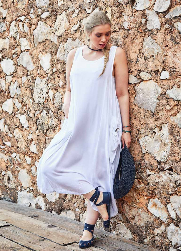Oversize Buttoned Pockets Bohemia Wholesale Plus Size White Dress