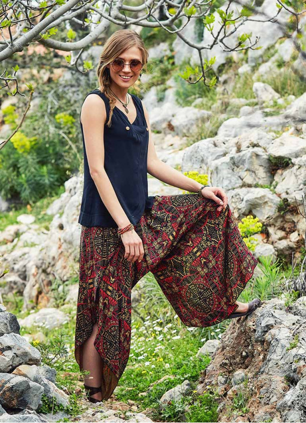 Karat Patterned Ribbed Waistband Wide Harem Pants