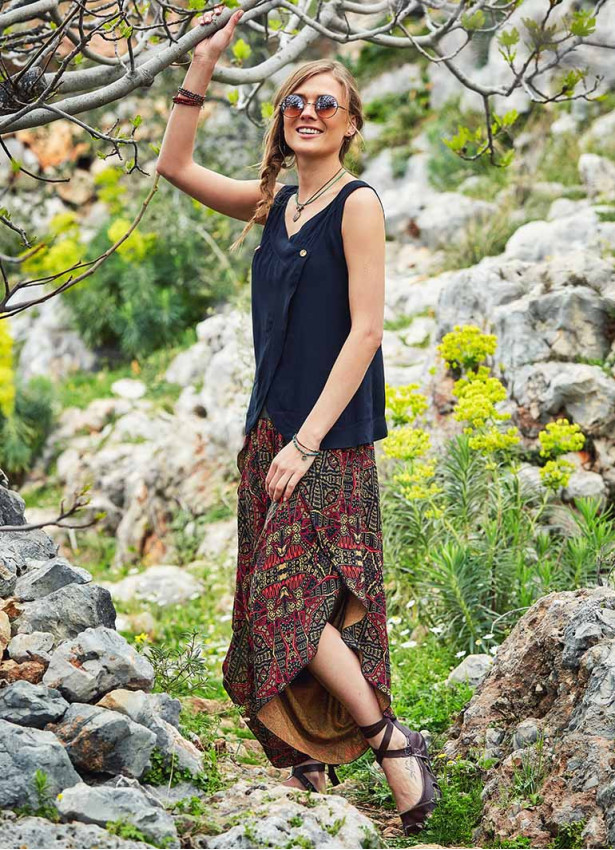 Karat Patterned Ribbed Waistband Wide Harem Pants