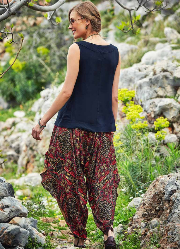 Karat Patterned Ribbed Waistband Wide Harem Pants