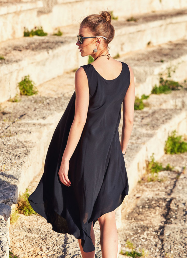 Bohemian Boat Neck Bolt Cut Gypsy Midi Black Dress