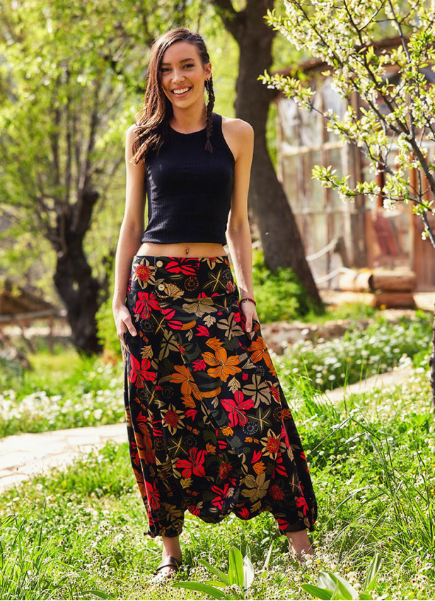 Floral Print Elastic Waist Wrap Front Bohemian Cotton Harem Pants