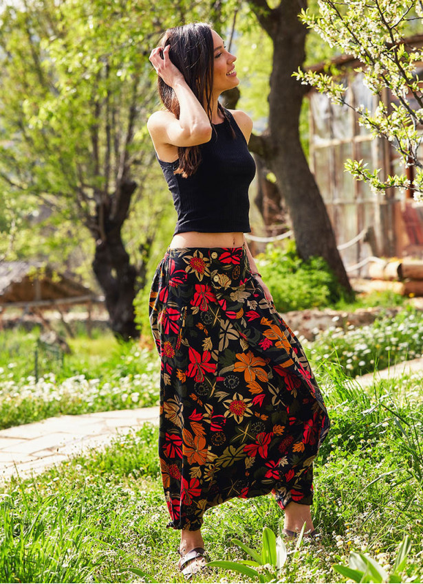 Floral Print Elastic Waist Wrap Front Bohemian Cotton Harem Pants