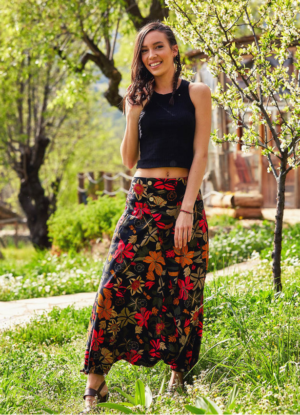 Floral Print Elastic Waist Wrap Front Bohemian Cotton Harem Pants
