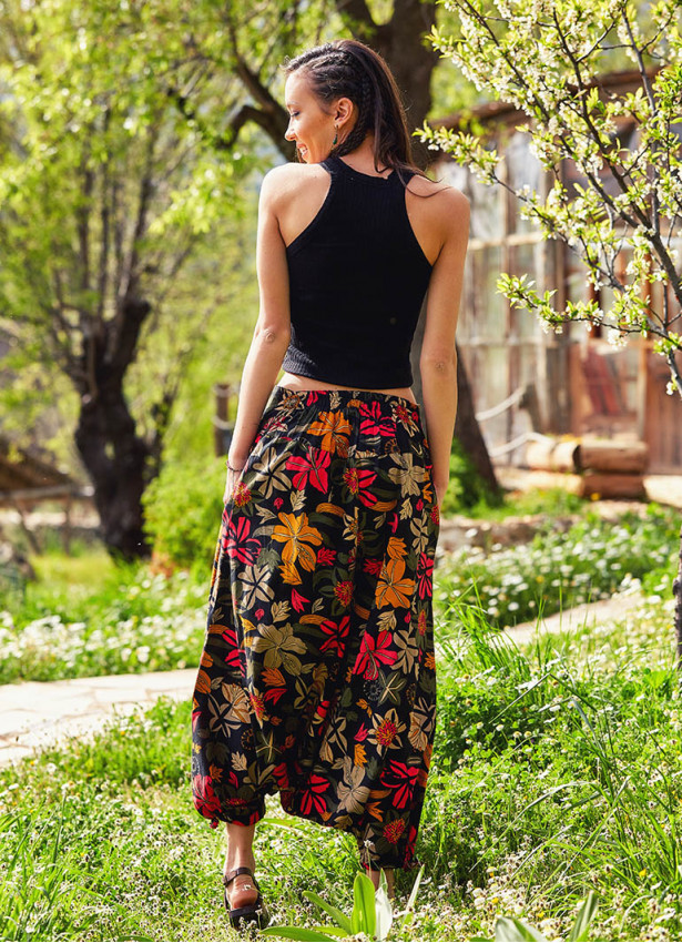 Floral Print Elastic Waist Wrap Front Bohemian Cotton Harem Pants