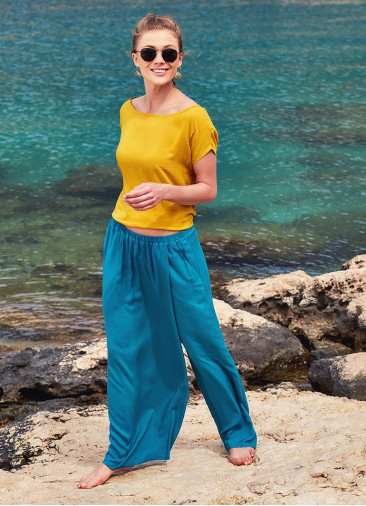 Wrap Front Elastic Waist Flowy Petrol Blue Pants