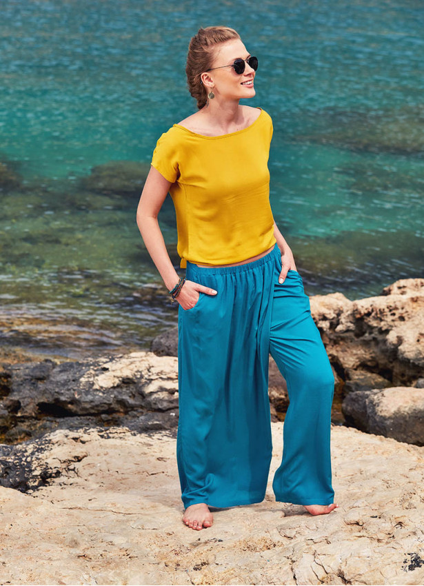 Wrap Front Elastic Waist Flowy Petrol Blue Pants