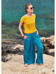 Wrap Front Elastic Waist Flowy Petrol Blue Pants