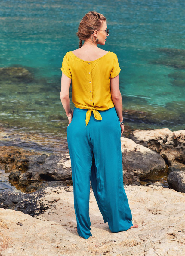 Wrap Front Elastic Waist Flowy Petrol Blue Pants