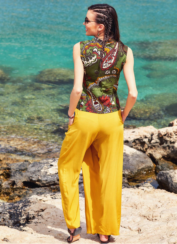 Wraped Front Elastic Waist Flowy Yellow Pants