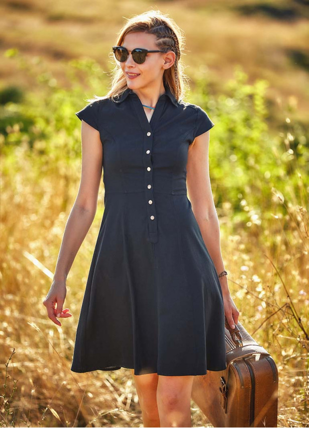 Ethnic Print Shirt Collar Short Sleeve Black Dress