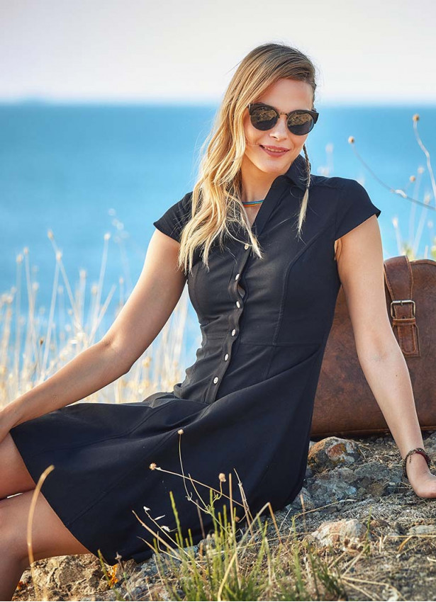 Ethnic Print Shirt Collar Short Sleeve Black Dress