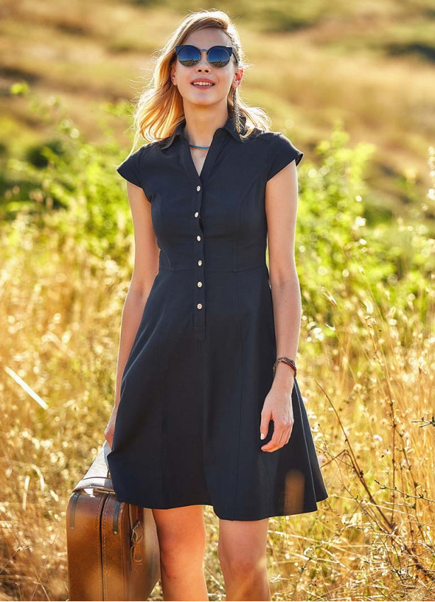 Ethnic Print Shirt Collar Short Sleeve Black Dress