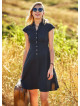 Ethnic Print Shirt Collar Short Sleeve Black Dress