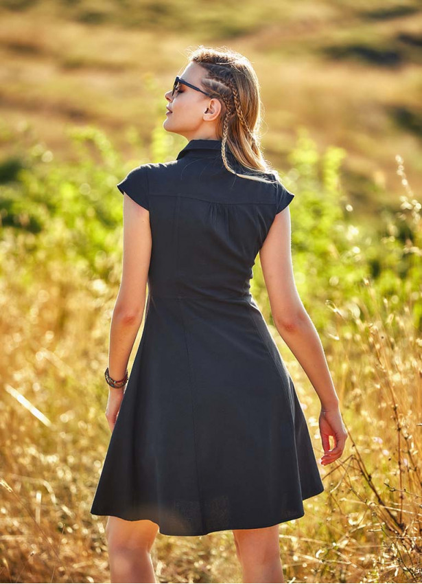 Ethnic Print Shirt Collar Short Sleeve Black Dress