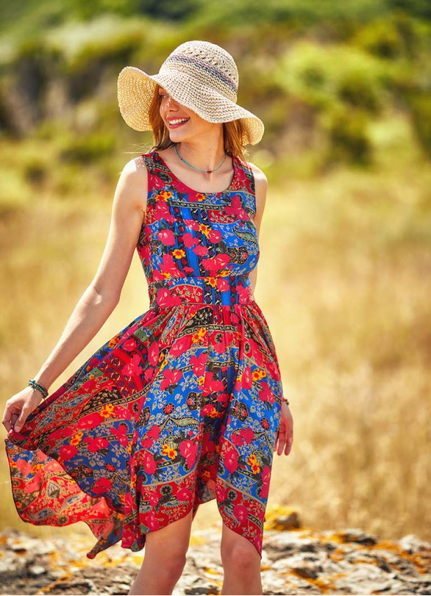 Floral Pattern Asymmetrical Skirt Sleeveless Dress