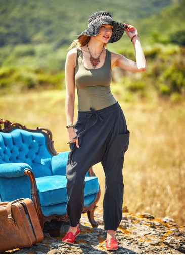 Bohemian Style Pocket Detail Wholesale Casual Black Harem Pants