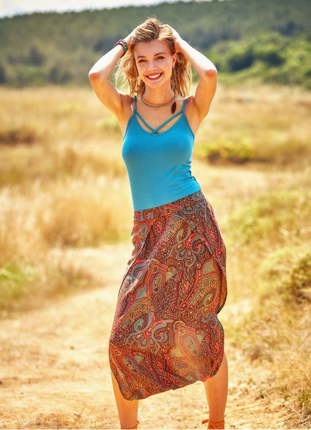 Ethnic Print Low Rise Brown Capri Skirt Pants