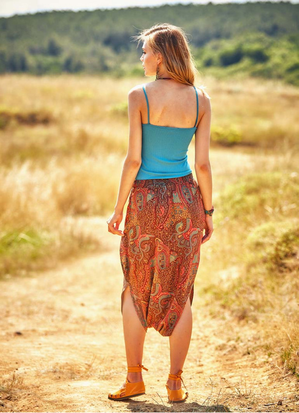 Ethnic Print Low Rise Brown Capri Skirt Pants