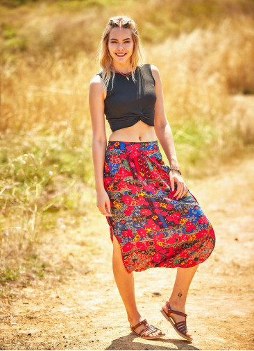 Ethnic Print Elastic Waist Red Capri Skirt Pants