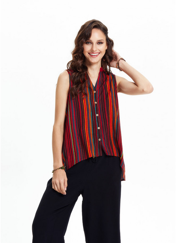 Shirt Collar Asymmetric Cut Red Authentic Blouse 4553